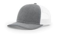 heather grey white custom designed richardson 112 trucker hat decorate with leather patch or embroidery with your logo online in bulk in the usa