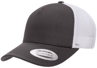 charcoal white 5-Panel Retro Trucker Mesh Custom Cap for laser engraving leather patch and Embroidery logo