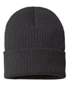 black customized sustainable rib knit beanie cap made of recycled fabrics with custom logo on leather tag, woven patch, embroidery in bulk