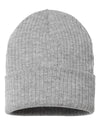 light grey customized sustainable rib knit beanie cap made of recycled fabrics with custom logo on leather tag, woven patch, embroidery in bulk