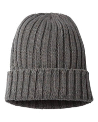 dark grey shore custom tag sustainable cable knit cuffed beanie cap made of recycled material with custom logo in bulk
