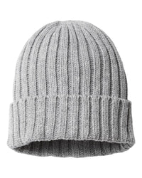 light grey shore custom tag sustainable cable knit cuffed beanie cap made of recycled material with custom logo in bulk