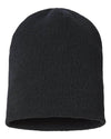 black custom tag sustainable knit uncuffed slouch beanie cap made of recycled material 100% made and decorated in usa with customized logo in bulk