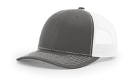 charcoal white custom designed richardson 112 trucker hat decorate with leather patch or embroidery with your logo online in bulk in the usa
