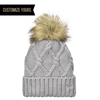 grey Customized NE911 New Era Faux Fur Pom Cable Knit Ribbed Cuff Beanies in bulk with personal logo as folden tag, leather rivet tag, custom patch or embroidery