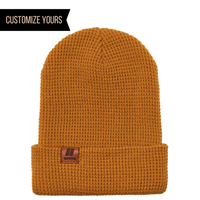 Waffle Knit Wheat Caramel Richardson 146 winter knit beanie cap with customizable logo on a leather tag in bulk