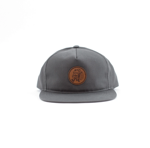 Yupoong 6502 Charcoal Medium Brown Leather Patch Hat by Dekni Creations for wholesale bulk or promotional