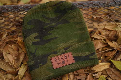 camo leather patch beanies