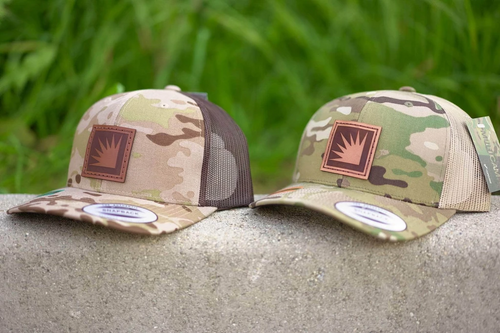 multicam trucker with leather patch custom with my logo