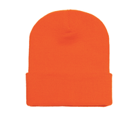 Safety Orange Cuffed Knit Custom Beanie for Embroidery and Laser etched leather patch by Flexfit