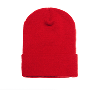 Red Cuffed Knit Custom Beanie for easy Embroidery and Laser etched leather patch by Flexfit