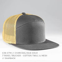 Charcoal Yellow 7 Panel Twill Mesh Trucker CUSTOM Snapback cap Embroidery engraving leather patch
