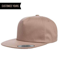 Khaki Unstructured 5-Panel Snapback Custom Cap for laser engraving leather patch and Embroidery