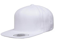 white 5 Panel Snapback hat 2-Tone for custom Embroidery and Laser engraved leather patch by flexfit