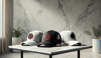 Three custom hats with leather patches featuring branded logos displayed on a marble table in a modern, sunlit setting — Dekni Creations.