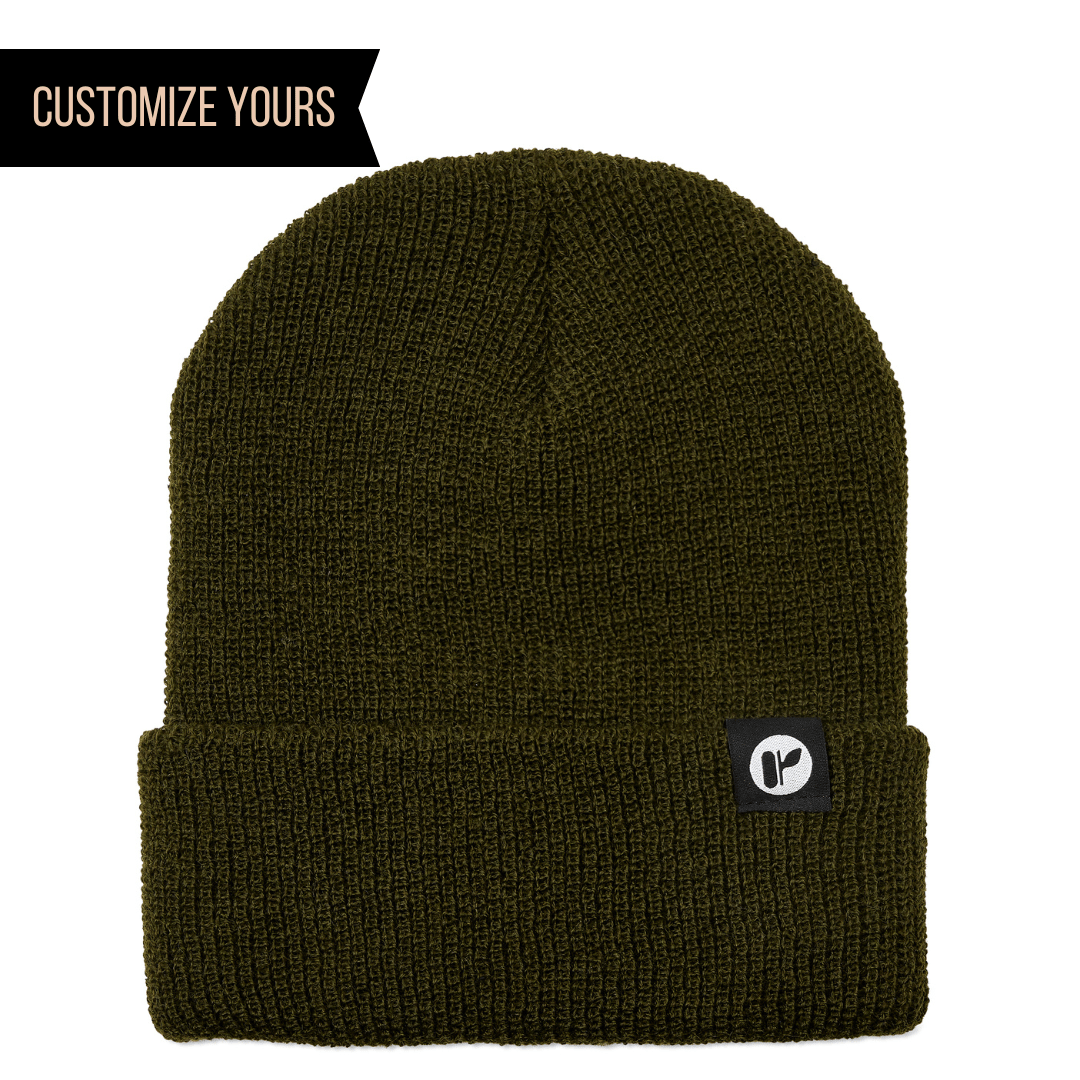 100% wool and manufactured in the usa beanie with custom logo folded woven label tag in Olive Drab in bulk