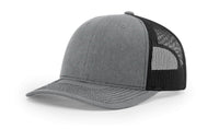 heather grey black custom designed richardson 112 trucker hat decorate with leather patch or embroidery with your logo online in bulk in the usa