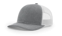 heather grey light grey custom designed richardson 112 trucker hat decorate with leather patch or embroidery with your logo online in bulk in the usa