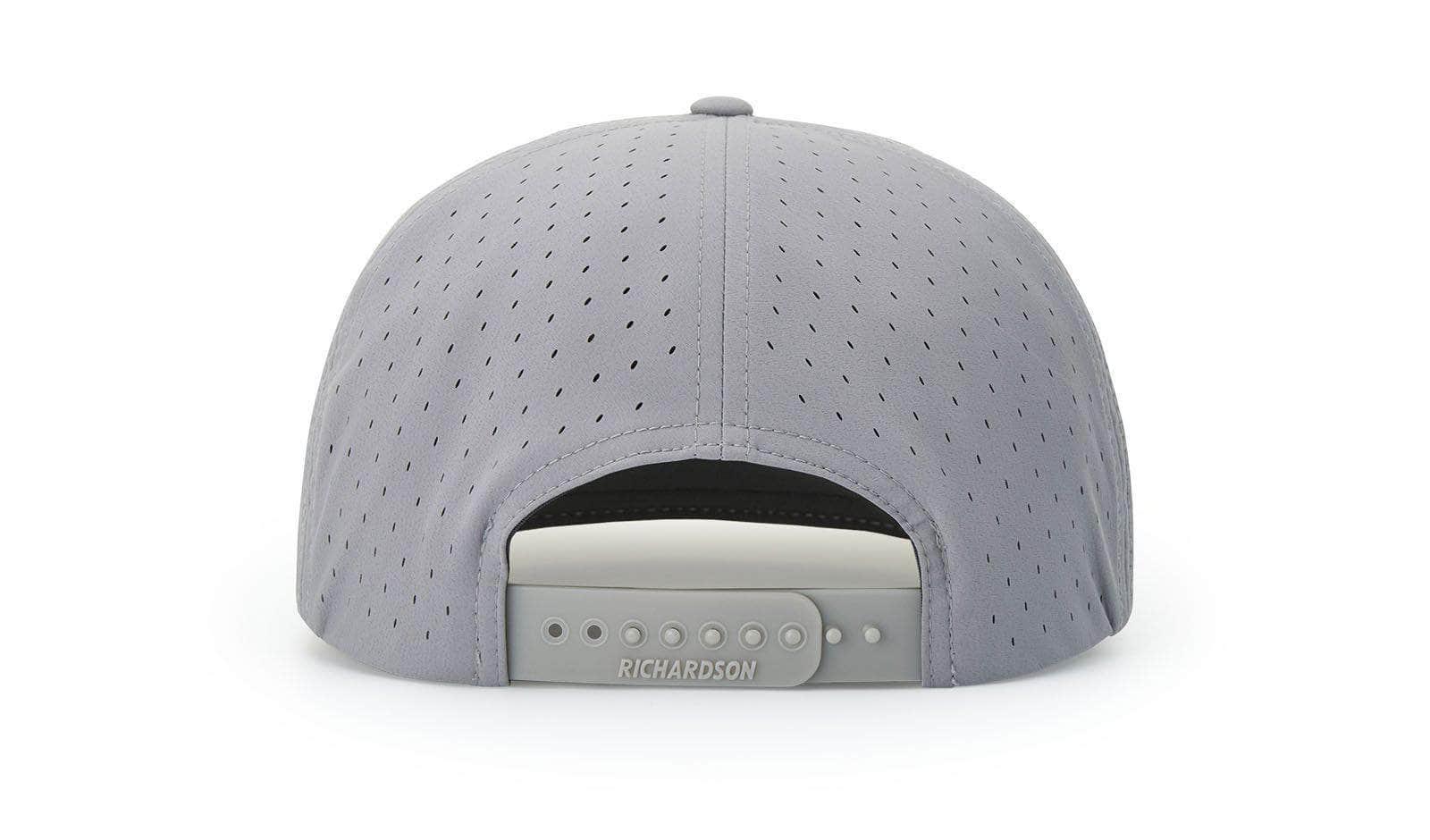 grey back Richardson 169 | CANNON 7 panel trucker Stretch Performance high profile snapback with built in water resistance material laser perforated mesh for airflow stay-dri sweatband for moisutre wicking 