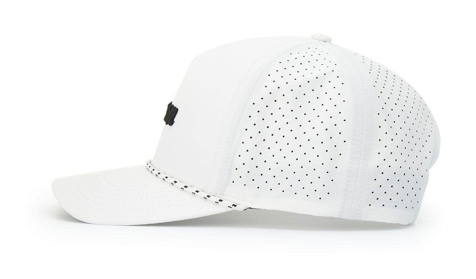 white white black side Richardson 355 | LASER PERFORATED PERFORMANCE ROPE CAP five-panel Mid profile Snapback Lightweigth Stay-Dri moisture managment technology laser perforated for enhanced airflow