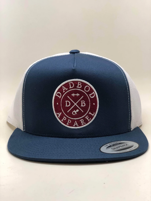 6006 (T) - CUSTOM YUPOONG CLASSIC TRUCKER NAVY / WHITE PATCH EMBROIDERY / FLAT BULK CAPS