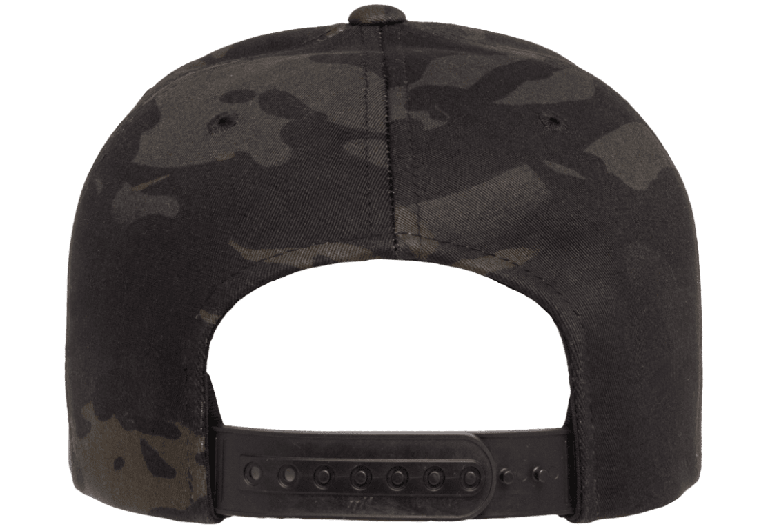 Back Camo Snapback Multicam cap for custom promotional Embroidery and Laser with front and back embroidery options and back side american flag leather patch