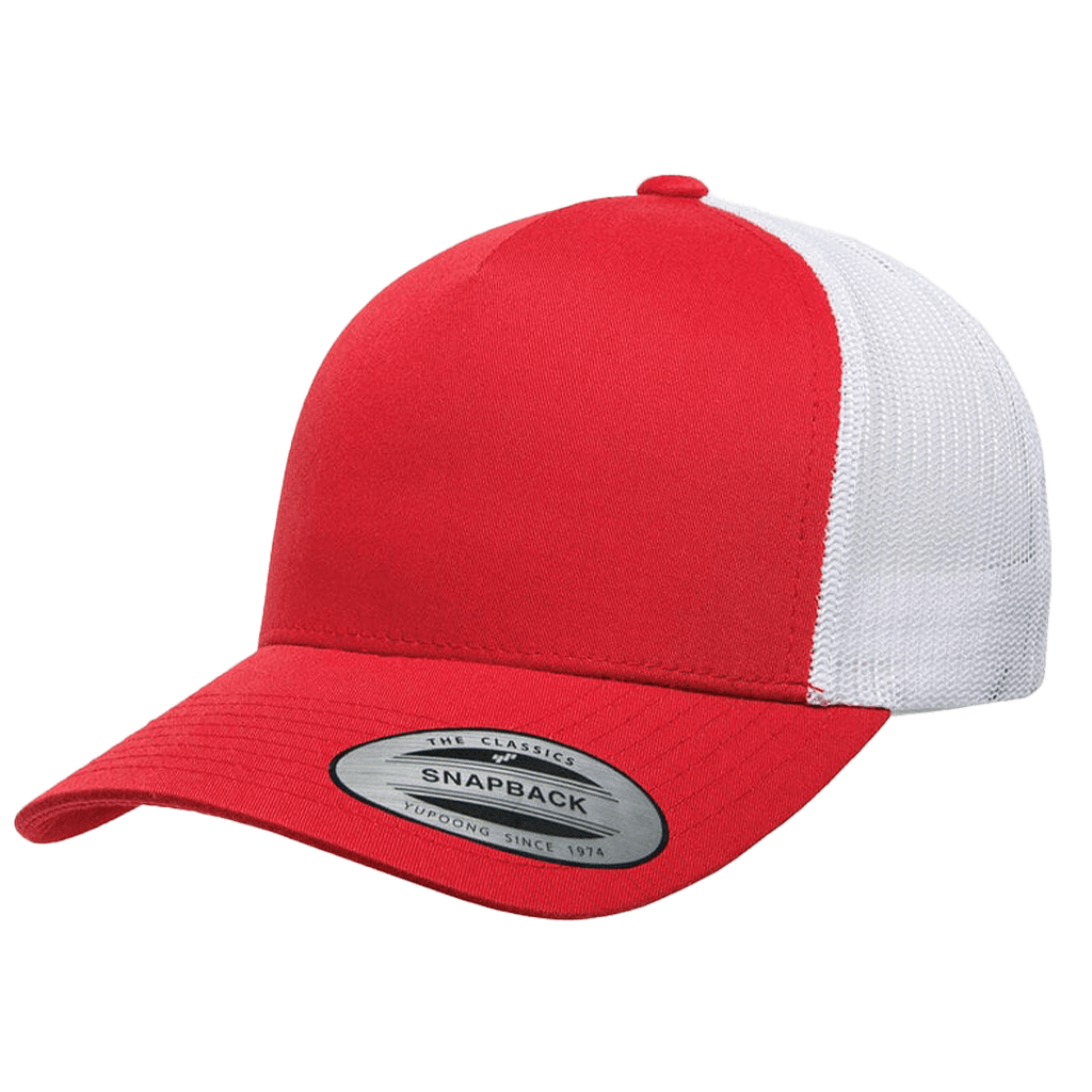 red white 5-Panel Retro Trucker Mesh Custom Cap for laser engraving leather patch and Embroidery logo