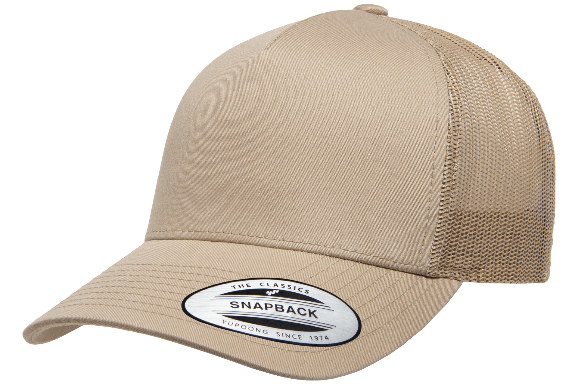 Khaki 5-Panel Retro Trucker Mesh Custom Cap for laser engraving leather patch and Embroidery logo