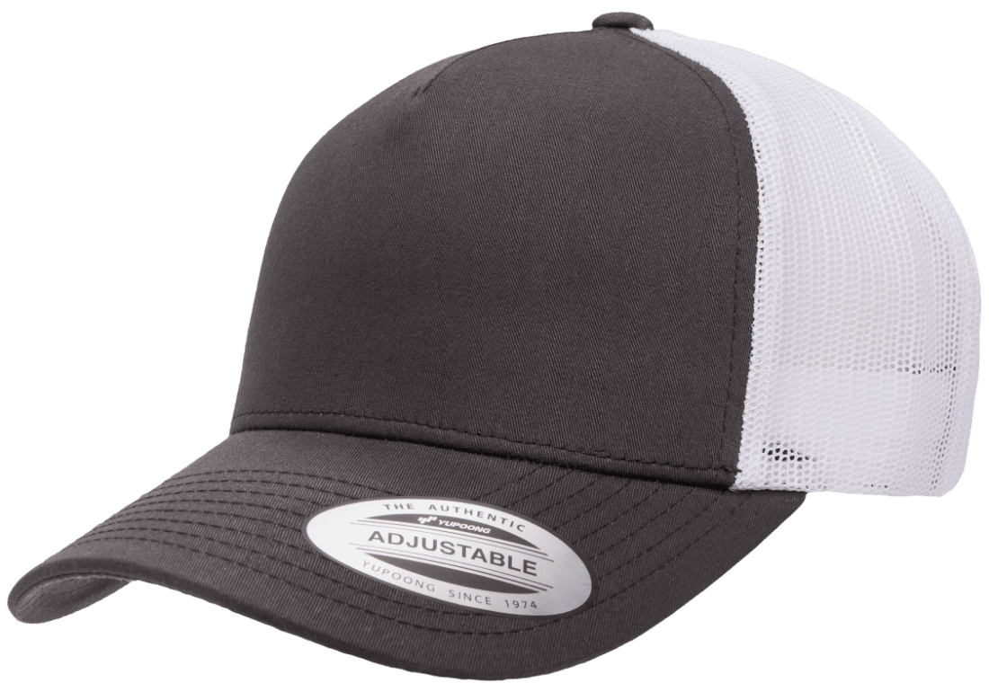 charcoal white 5-Panel Retro Trucker Mesh Custom Cap for laser engraving leather patch and Embroidery logo