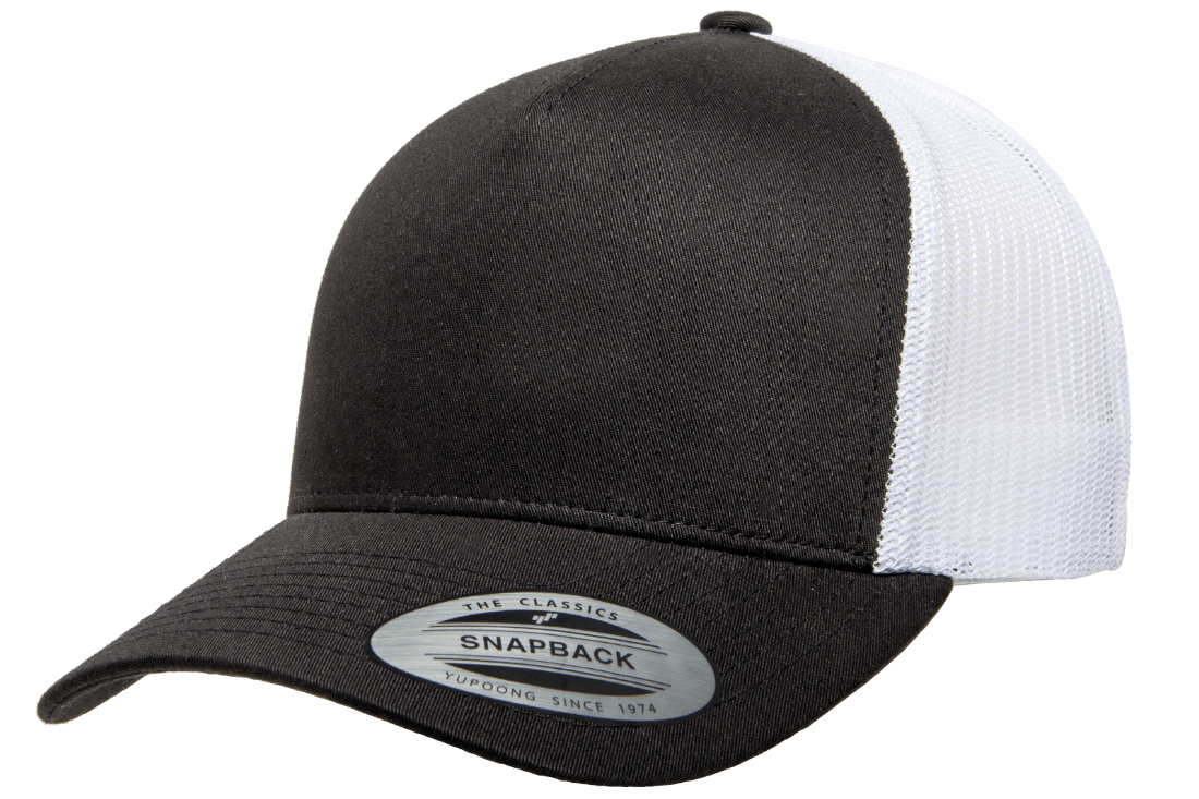 black white 5-Panel Retro Trucker Mesh Custom Cap for laser engraving leather patch and Embroidery logo