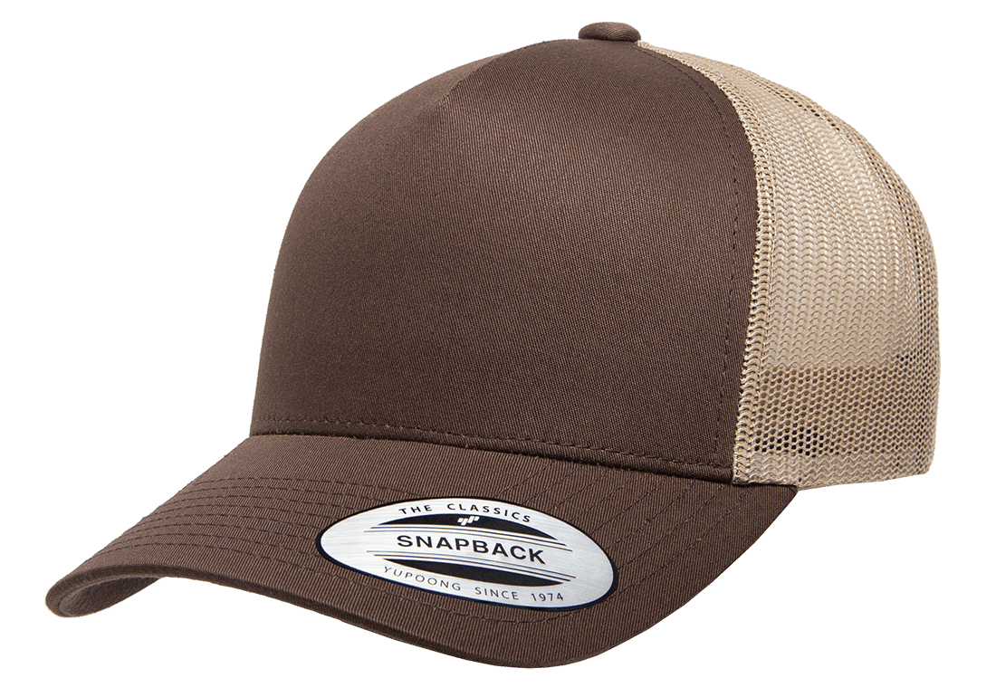 brown khaki 5-Panel Retro Trucker Mesh Custom Cap for laser engraving leather patch and Embroidery logo