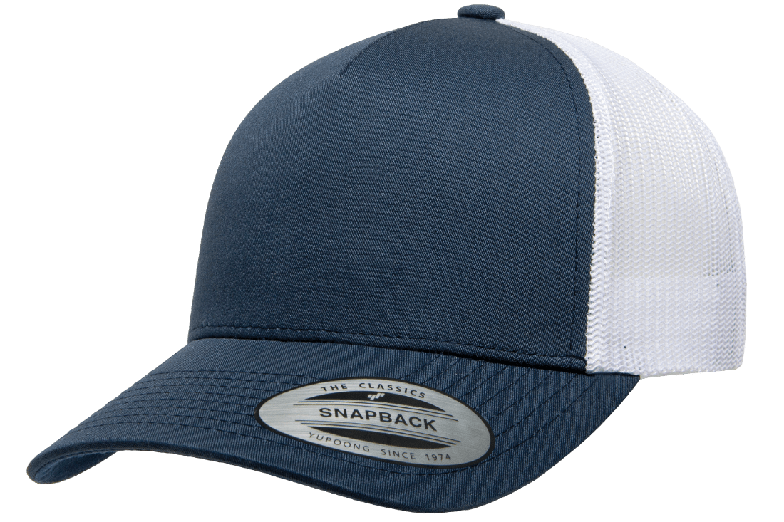 navy white 5-Panel Retro Trucker Mesh Custom Cap for laser engraving leather patch and Embroidery logo