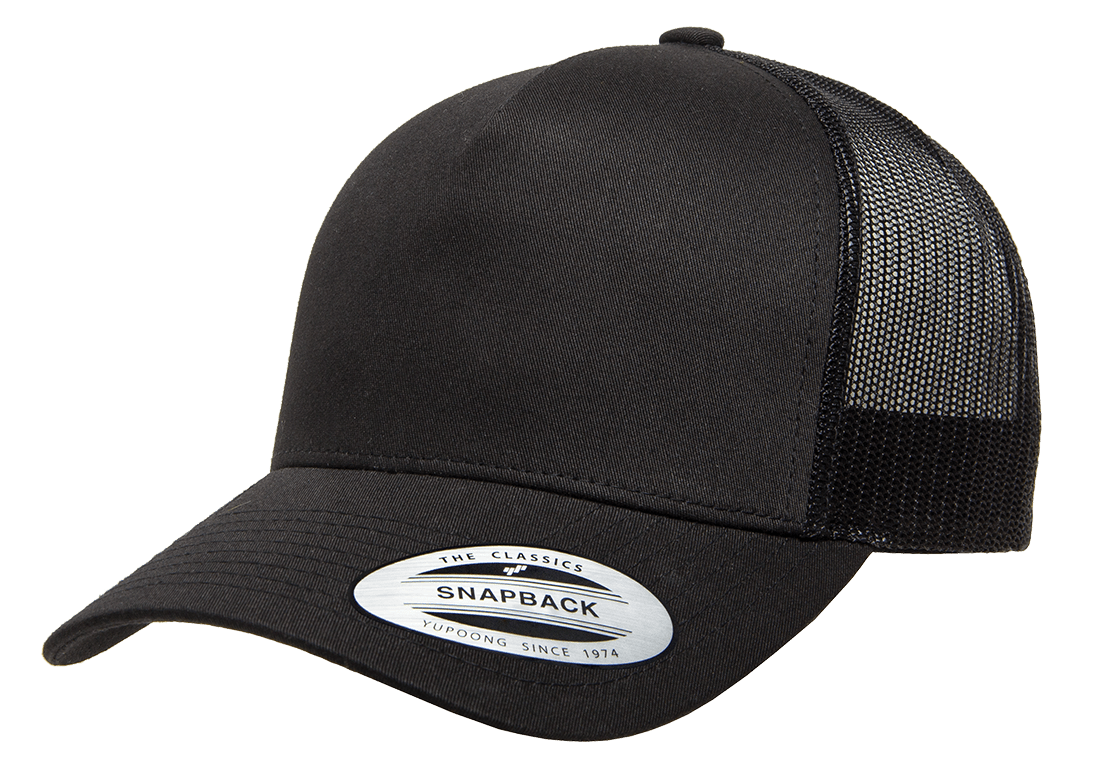 Black 5-Panel Retro Trucker Mesh Custom Cap for laser engraving leather patch and Embroidery logo