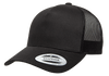 Black 5-Panel Retro Trucker Mesh Custom Cap for laser engraving leather patch and Embroidery logo