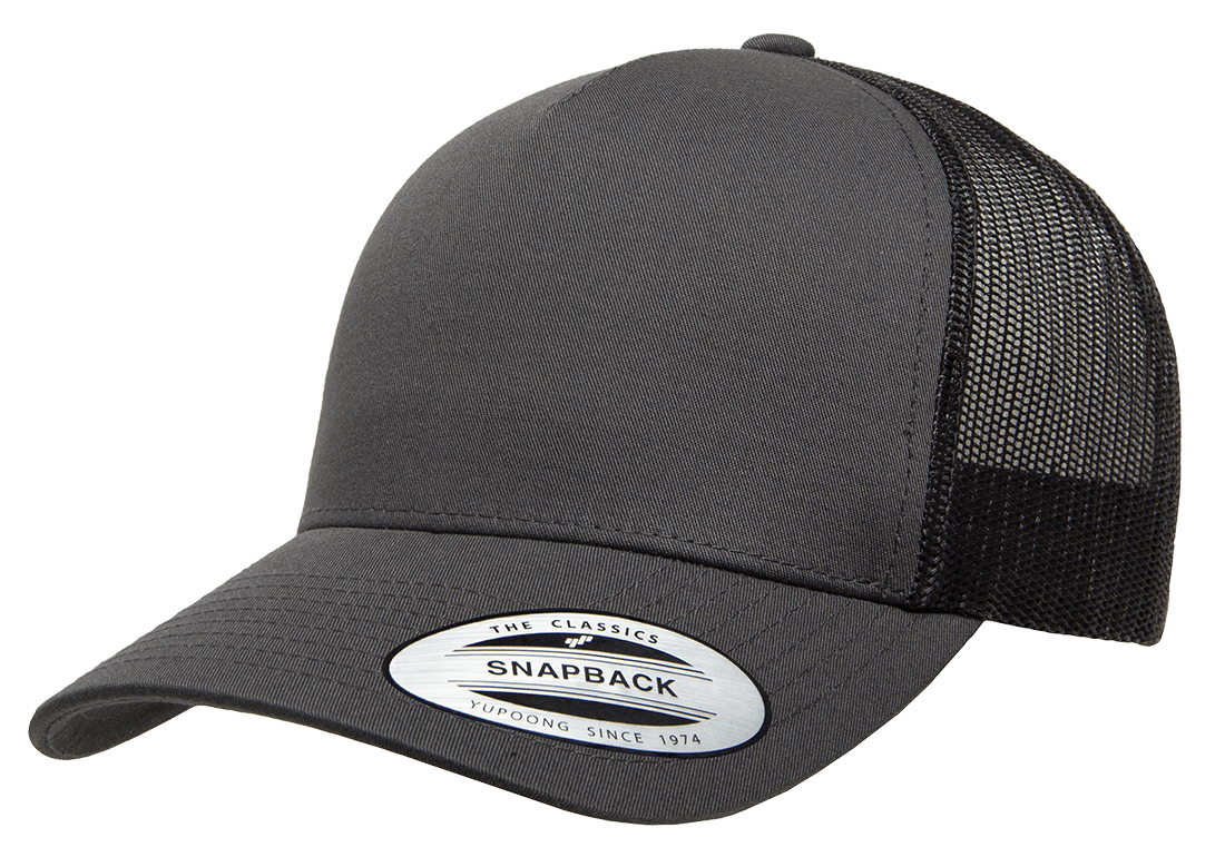 Grey 5-Panel Trucker Mesh Custom Cap for laser engraving leather patch and Embroidery