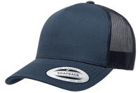 Navy 5-Panel Retro Trucker Mesh Custom Cap for laser engraving leather patch and Embroidery