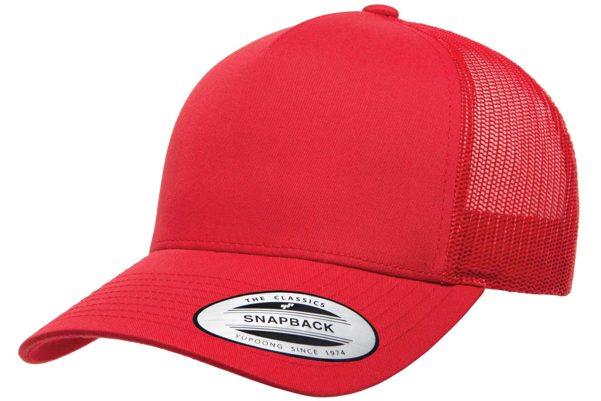 red 5-Panel Retro Trucker Mesh Custom Cap for laser engraving leather patch and Embroidery logo