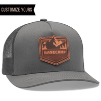 charcoal 6506 custom trucker hat with leather patch and customize yours text to put your own logo on and order in bulk and wholesale