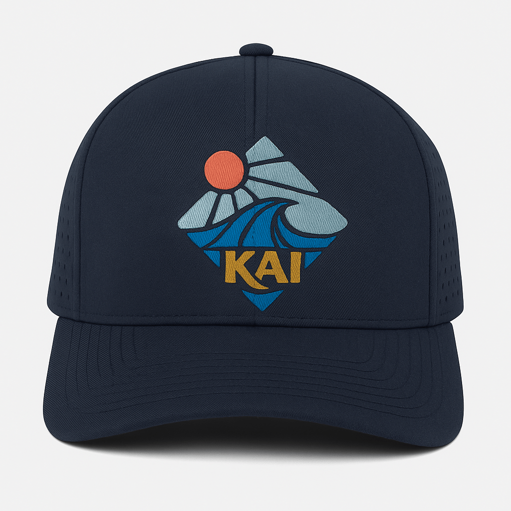 KAI Recycled Performance Hat – Laser Perforated Eco Snapback with Embroidered Ocean Design (Wholesale)