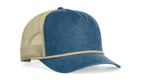 blue Richardson Bachelor 939 5-Panel Washed Cotton Rope Snapback Hat with custom logo in leather patch and embroidery in bulk