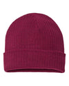 burgundy customized sustainable rib knit beanie cap made of recycled fabrics with custom logo on leather tag, woven patch, embroidery in bulk