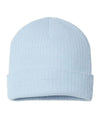 light blue customized sustainable rib knit beanie cap made of recycled fabrics with custom logo on leather tag, woven patch, embroidery in bulk