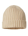 beige shore custom tag sustainable cable knit cuffed beanie cap made of recycled material with custom logo in bulk