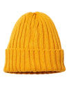mustard yellow shore custom tag sustainable cable knit cuffed beanie cap made of recycled material with custom logo in bulk