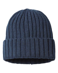 navy shore custom tag sustainable cable knit cuffed beanie cap made of recycled material with custom logo in bulk