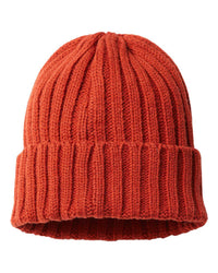 rusty shore custom tag sustainable cable knit cuffed beanie cap made of recycled material with custom logo in bulk