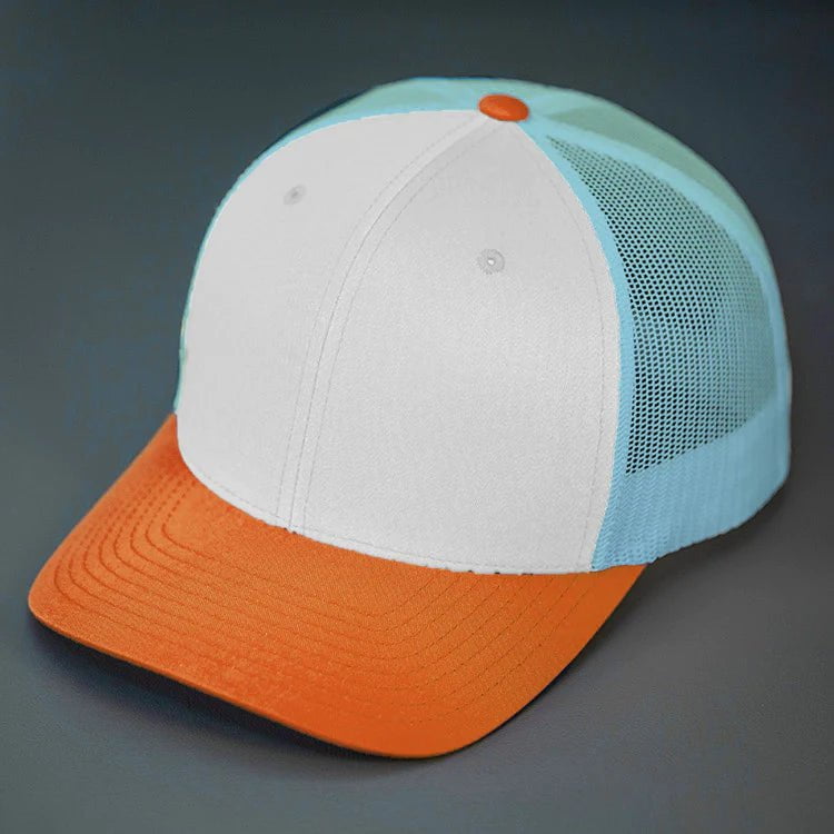 Custom Leather Patch Trucker Hats with Logo | Dekni Creations White/Columbia Blue/Dark Orange