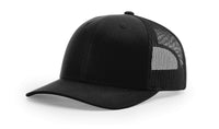 black custom designed richardson 112 trucker hat decorate with leather patch or embroidery with your logo online in bulk in the usa