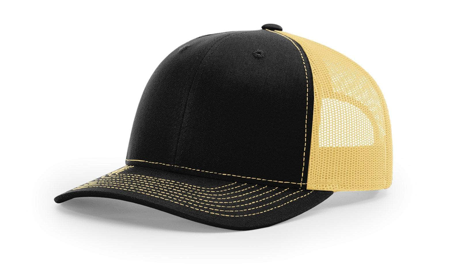 black vegas gold custom designed richardson 112 trucker hat decorate with leather patch or embroidery with your logo online in bulk in the usa