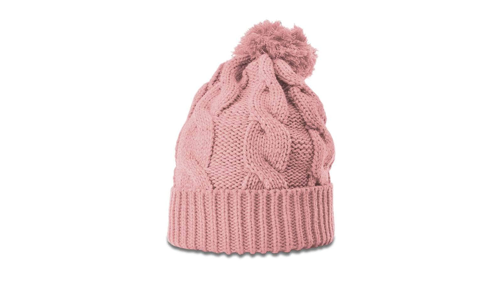 blush slate custom richardson cable knit twist chunk beanie with pom with customized logo on folded woven tag, leather patch or embroidery